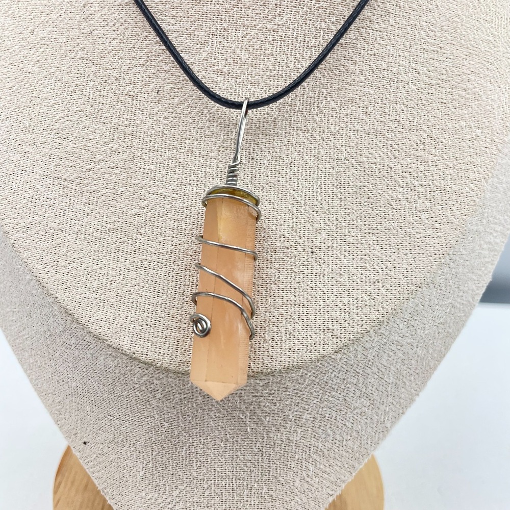 Vintage 90s Peach Glass Point Pendant Wire Wrapped Necklace Black Cord Jewelry